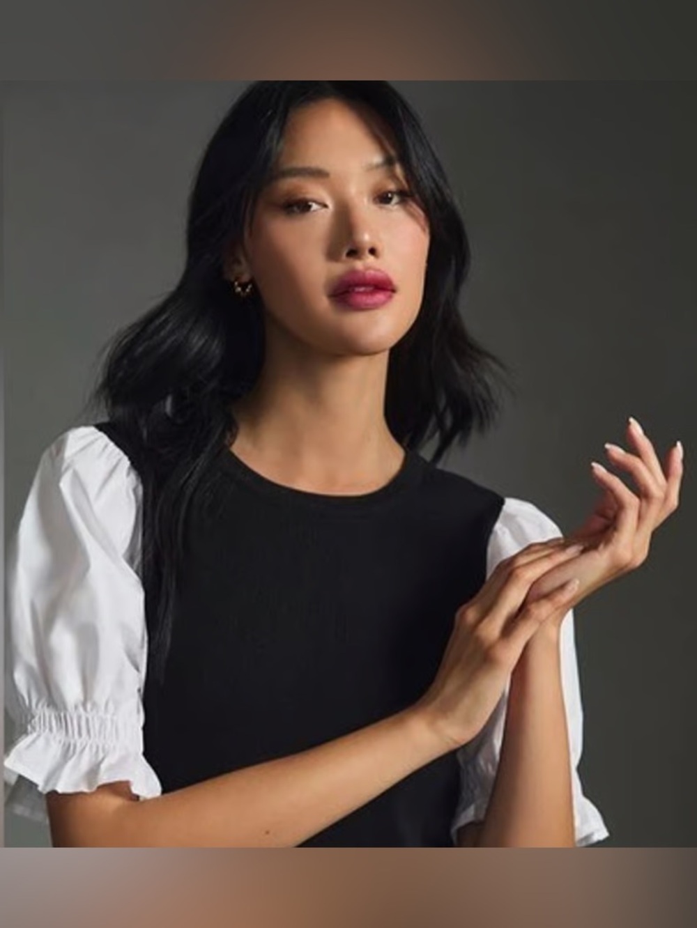 Anthropologie Black and White Layered Poplin-Sleeve Sweater